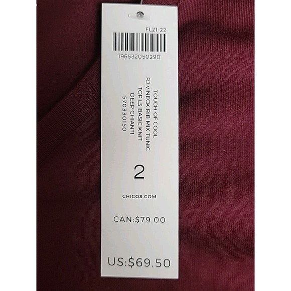 Chico's dress top Womens SZ 2 US L  Burgundy Cotton Blend V-neck Long Sleeve NWT - Picture 6 of 8